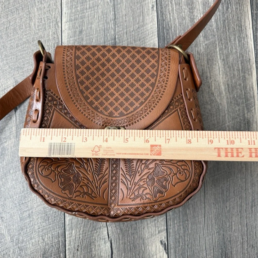 Alma Mia Tooled Leather‎ Crossbody Bag Brown Boho Western Saddle Floral Embossed